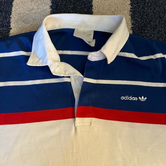 VINTAGE Adidas Rugby Polo Striped Stripes Blue Red White Longsleeve Large RARE - Picture 2 of 7